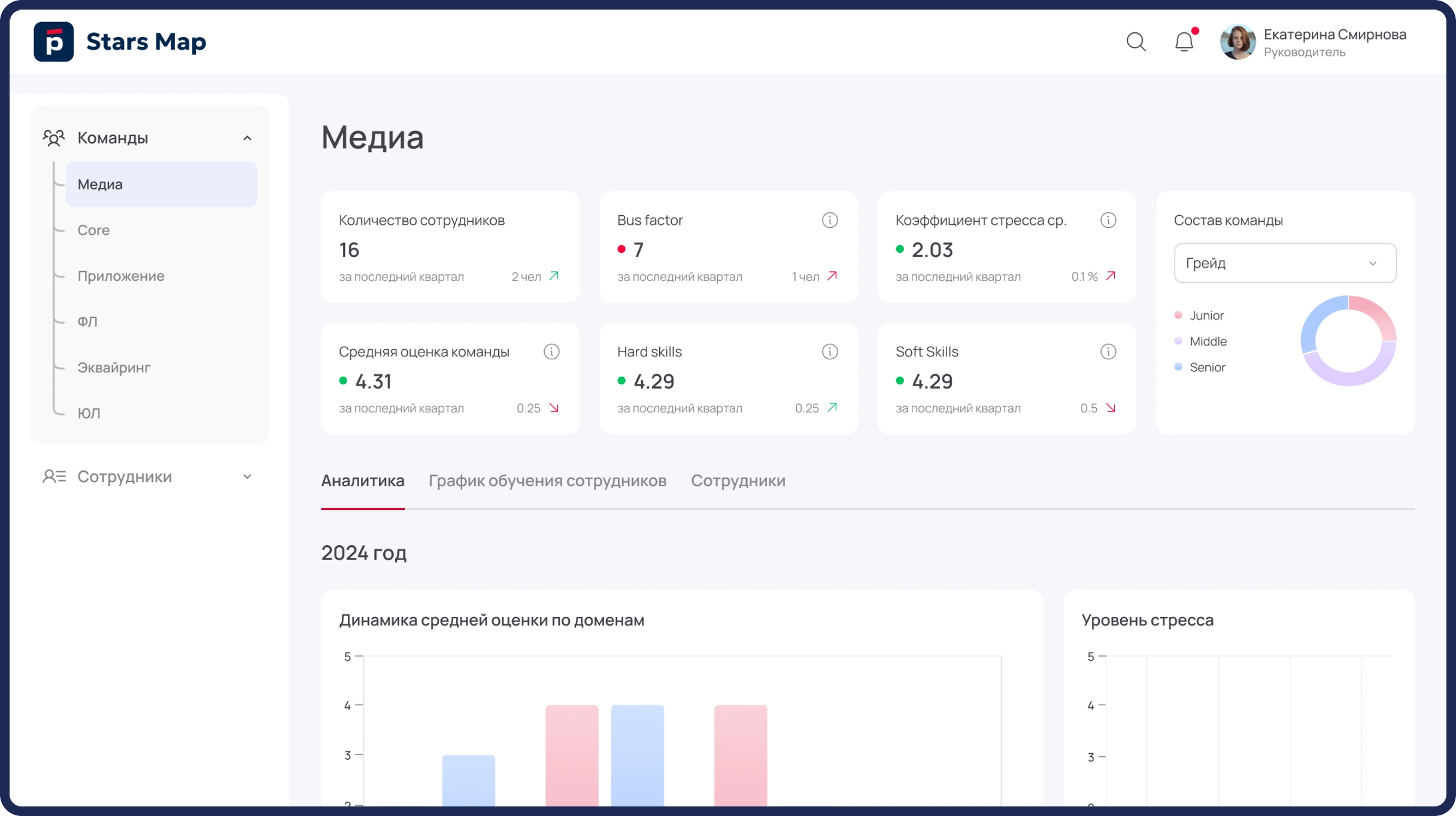 Страница команды с аналитическим дашбордом