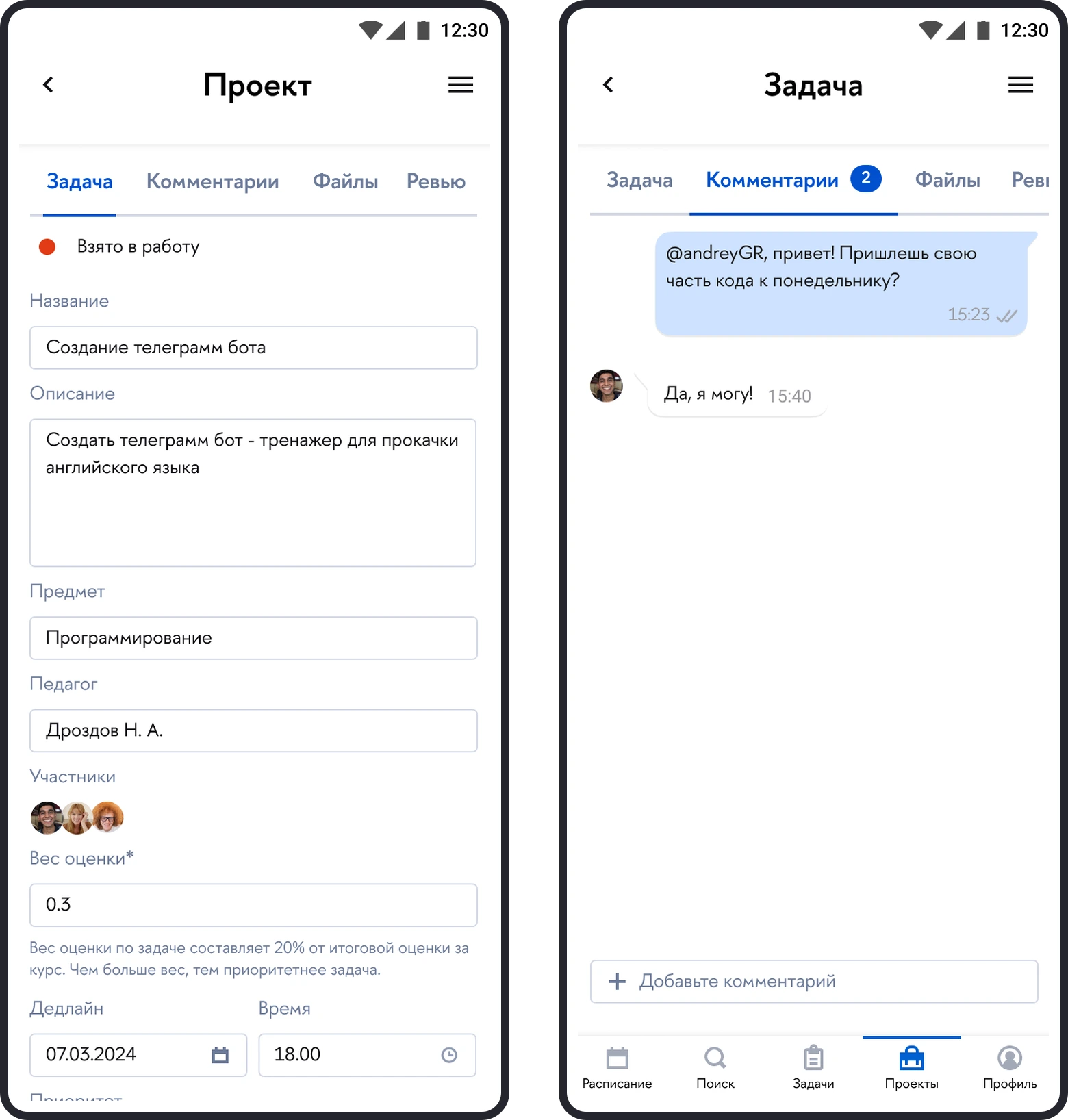 Раздел командных проектов